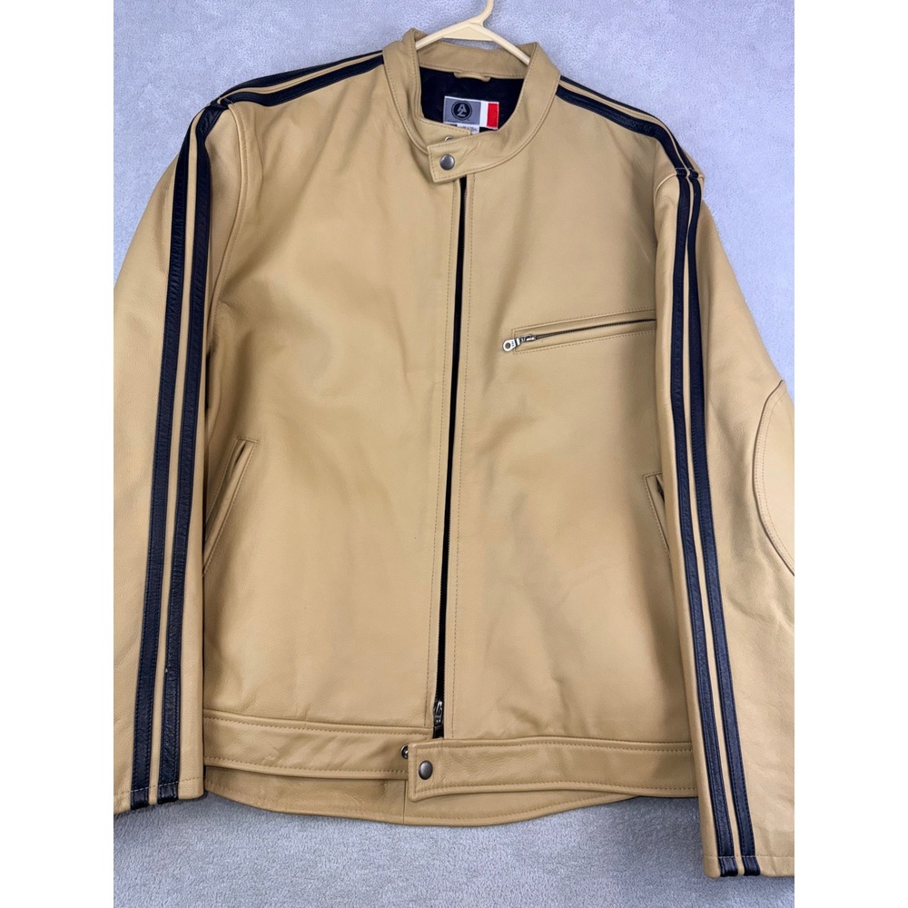 Arizona Jean Co Mens XL Tan Leather Cafe Racer Moto Jacket Black Racing Stripes